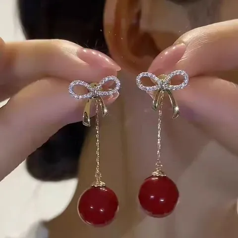 French Vintage Ankara Red Bow Flower Tassel Earrings For Women Light Luxury Rhinestone Artificial Pearl Drop Earrings Party Lady Style Jewelry