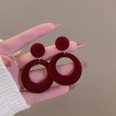 Orecchini a Bottone Tondi Geometrici Floccati Vintage Francese Lega Perno in Rame Rosso Vino Nero Autunno Inverno Gioielli