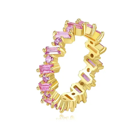 Anillo de Eternidad de Latón con Circonia Rosa para Mujer Corte Baguette Circonio Hip Hop Estilo ins Chapado en Oro Plata Anillo Joyería