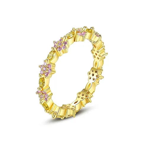 Anillo de Flor de Circonia de Cobre a la Moda para Mujer Anillo de Banda Floral de Pavé Rosa Chapado en Oro Plata Joyería de Dedo