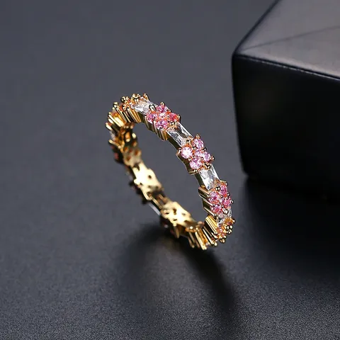 Anillo de Cobre Incrustado de Circonia Flor Pavé para Mujer Circonia Rosa Blanca Boda Elegante Anillo Joyería