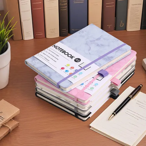 A5 Marble Pattern Faux Leather Business Meeting Notebook With Elastic Strap Pen Loop Stitched Binding Journal Office School Stationery
