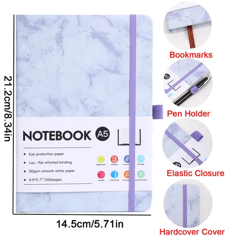 A5 Marble Pattern Faux Leather Business Meeting Notebook With Elastic Strap Pen Loop Stitched Binding Journal Office School Stationery