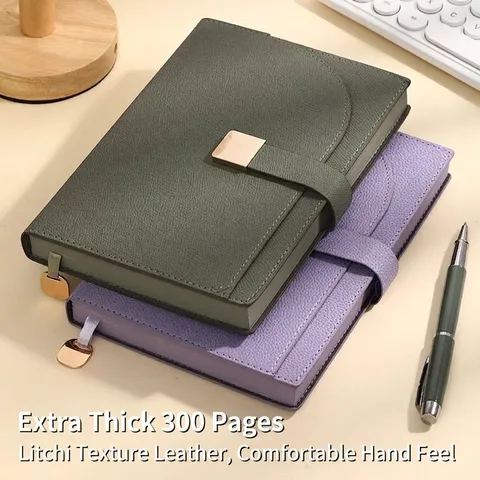 Cuaderno de Negocios A5 Cubierta de Cuero Artificial Grano de Lichi Hebilla Magnética Engrosado 300 Páginas Diario Planificador Set de Regalo Con Bolígrafo Caja Bolsa