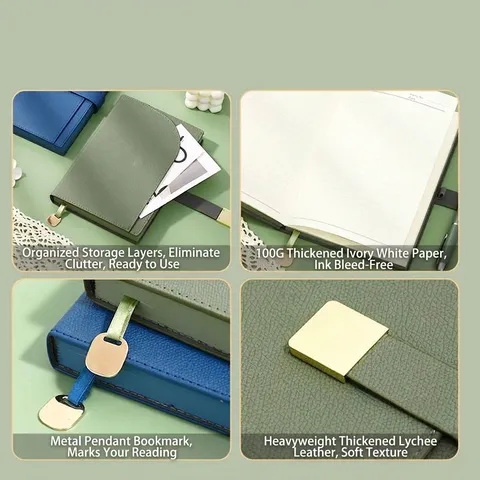 Cuaderno de Negocios A5 Cubierta de Cuero Artificial Grano de Lichi Hebilla Magnética Engrosado 300 Páginas Diario Planificador Set de Regalo Con Bolígrafo Caja Bolsa