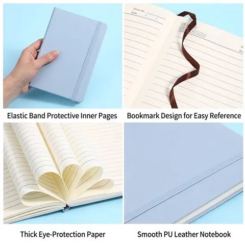 A5 PU Leather Notebook with Elastic Strap and Ribbon Bookmark Business Office Meeting Journal Diary for Professionals and Students