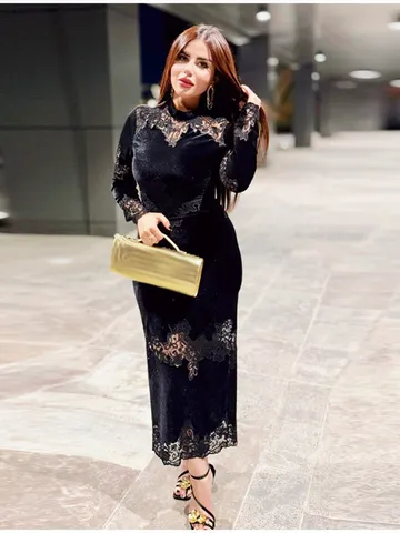 Nieuwe Chinese Stijl Elegante Zwarte Fluwelen Kant Patchwork Maxi Jurk Voor Dames Lange Mouwen Slanke Pasvorm Avondjurk