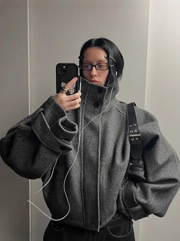 Giacca da Donna in Lana Tinta Unita Stile Coreano Con Colletto Rialzato Giuntato Manica Lunga Monopetto Giacca Top