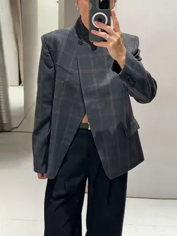 Women Plaid Blazer Jacket Asymmetric One Button Commuter Long Sleeve Grey Check Suit Top For Spring Autumn