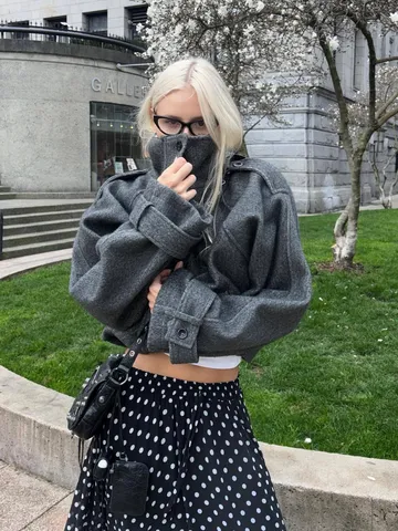Giacca da Donna in Lana Tinta Unita Stile Coreano Con Colletto Rialzato Giuntato Manica Lunga Monopetto Giacca Top
