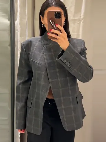 Women Plaid Blazer Jacket Asymmetric One Button Commuter Long Sleeve Grey Check Suit Top For Spring Autumn