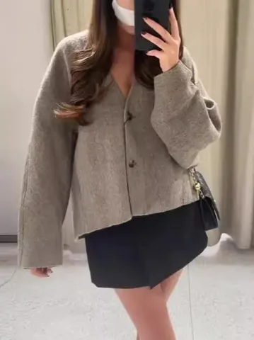 Chaqueta Corta de Lana con Cuello en V para Mujer Manga Larga Abotonadura Sencilla Ropa de Abrigo Casual Elegante Liso Top