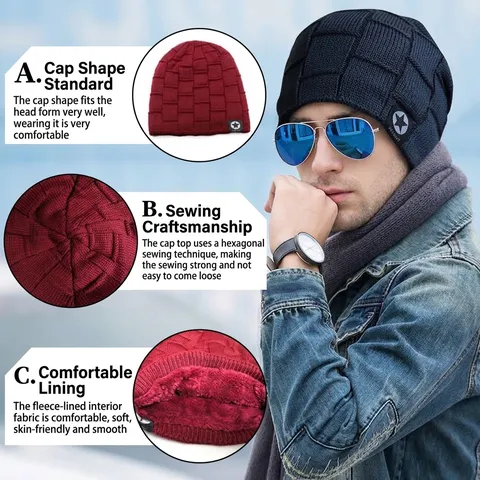 Winter Verdickte Strickmütze Für Herren Damen Vliesgefüttert Thermische Warme Schädelkappe Karomuster Sternenpatch Outdoor Lässig Strickmütze
