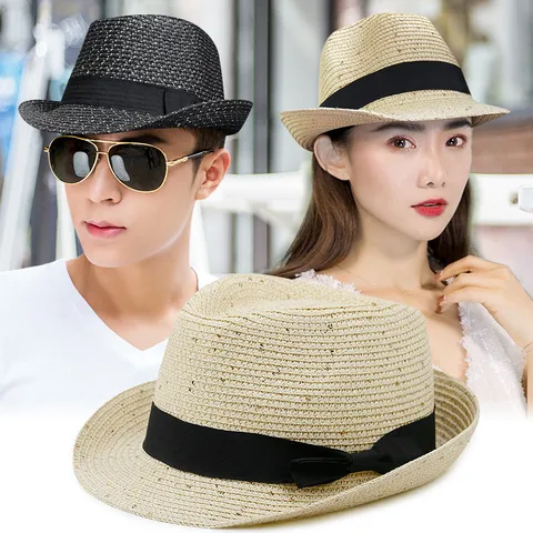 Summer Sun Protection Straw Fedora Hat For Women Men Sequin Bowtie Breathable Rolled Edge Beach Straw Hat Accessory