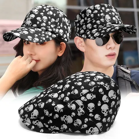 Cotton Skull Print Cadet Hat Unisex Street Style Punk Flat Top Cap Outdoor Casual Baseball Cap Fashion Hip Hop Beret