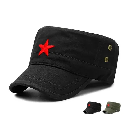 Men Women Cotton Military Patrol Cap Flat Top Hat Five-Point Star Embroidery Sun Protection Outdoor Casual Cadet Cap