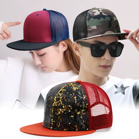 Polyester Hip Hop Flat Brim Trucker Hat For Men Women Breathable Mesh Baseball Cap Sun Protection Summer Adjustable Streetwear