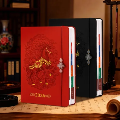 Chinese Style Zodiac Horse Embossed Faux Leather A5 Planner Daily Time Management Notebook Business Office Agenda Book With Knot Tassel