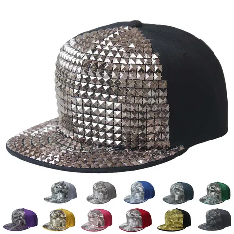 Hiphop Snapback Baseball Cap For Men Women Flat Brim Hat With Square Metal Rivets Studs Streetwear Bboy Dance Cap