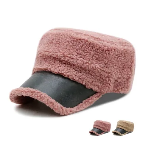 Unisex Winter Warm Plush Cadet Hat Vintage Faux Lamb Wool Flat Top Military Cap Adjustable Short Brim Fashionable Outdoor Hat