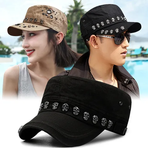 Punk Totenkopf Niete Cadet Cap Für Herren Damen Schwere Handwerkskunst Flache Krone Sonnenhut Hip Hop Street Stil Militärmütze