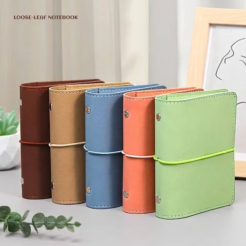 Mini Cuaderno de Hojas Sueltas de Cuero PU Morandi Diario de Bolsillo con Banda Elástica Páginas Rayadas en Blanco Papelería Portátil