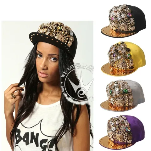 Gorra de Béisbol Punk Hip Hop Con Remaches de Metal Diamantes de Imitación Animal Leopardo Cabeza de León Relieve Ala Plana Sombrero Bboy para Hombres Mujeres Joyería Gorra Decorativa