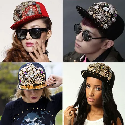 Gorra de Béisbol Punk Hip Hop Con Remaches de Metal Diamantes de Imitación Animal Leopardo Cabeza de León Relieve Ala Plana Sombrero Bboy para Hombres Mujeres Joyería Gorra Decorativa