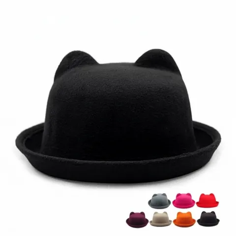 Chapeau Bowler à Oreilles de Chat pour Femmes Automne Hiver Couleur Unie Feutre de Polyester Fedora Accessoire de Mode