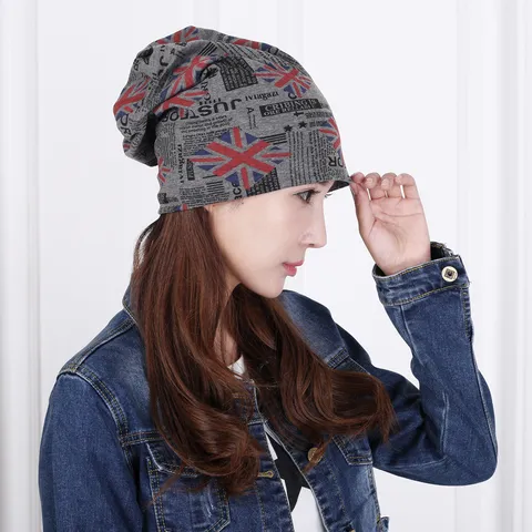 Unisex Mode Hip Hop Beanie Muts Dun Union Jack Krant Letter Print Slouchy Skull Cap Katoen Polyester Hoofddoek Alle Seizoenen Casual Streetwear