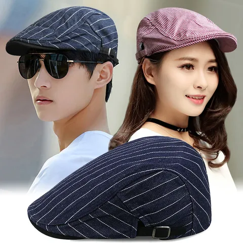 Vintage Striped Newsboy Cap Adjustable Cotton Beret Hat For Men Women Casual Outdoor Breathable Sunshade Duckbill Flat Hat