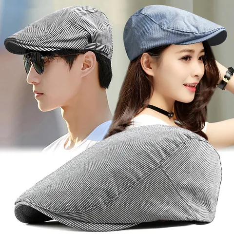 Vintage Striped Newsboy Cap Adjustable Cotton Beret Hat For Men Women Casual Outdoor Breathable Sunshade Duckbill Flat Hat