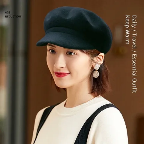 Women Retro Wool Newsboy Cap Autumn Winter Octagonal Hat Solid Color Literary Style Painter Beret Hat Warm Fashion Headwear