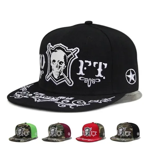 Cappellino Snapback Hip Hop Ricamo Teschio Tesa Piatta Cappellino da Baseball Street Dance DJ Esibizione Casual Mimetico