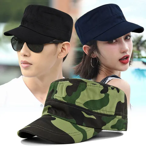 Unisex Baumwolle Cadet Cap Flache Oberseite Verstellbar Sommer Sonnenhut Outdoor Atmungsaktiv Gewaschen Militär Stil Armee Hut