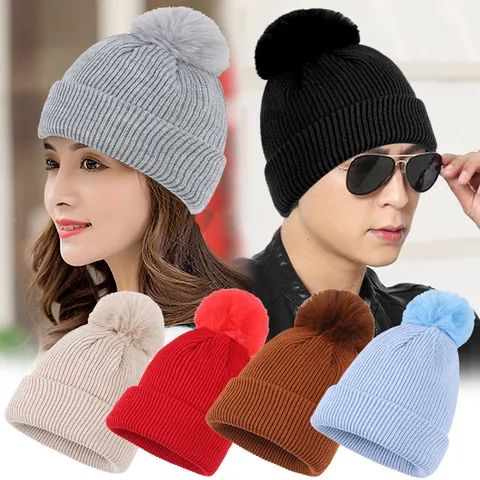 Gorro De Punto De Acrílico De Invierno Unisex Gorro Térmico Con Dobladillo Con Pompones Para Hombres Mujeres Niños Padre-Hijo Color Sólido