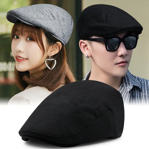 Unisex Vintage Wool Blend Beret Hat For Men Women Classic Houndstooth Herringbone Plaid Ivy Cap Autumn Winter Warm Flat Cap