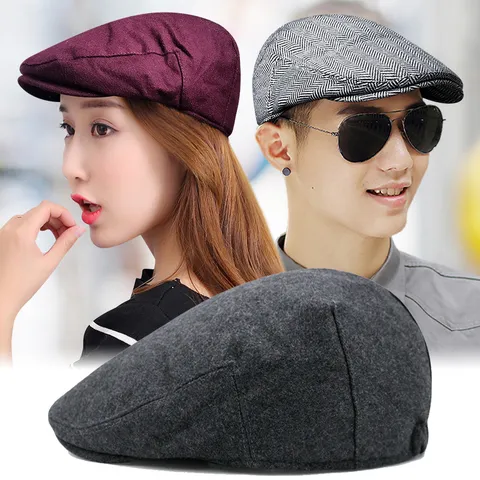 Unisex Vintage Wool Blend Beret Hat For Men Women Classic Houndstooth Herringbone Plaid Ivy Cap Autumn Winter Warm Flat Cap