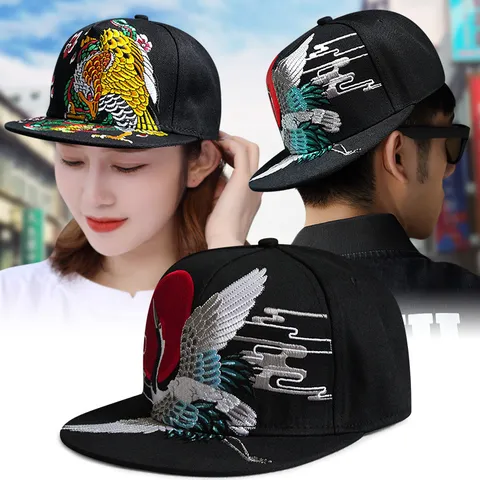 Chinese Style Embroidered Snapback Hat Hip Hop Flat Brim Baseball Cap Polyester Embroidered Animal Floral Pattern Adjustable Streetwear Headwear