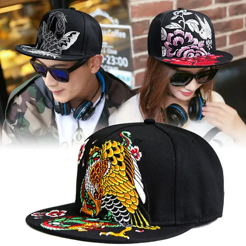 Chinese Style Embroidered Snapback Hat Hip Hop Flat Brim Baseball Cap Polyester Embroidered Animal Floral Pattern Adjustable Streetwear Headwear