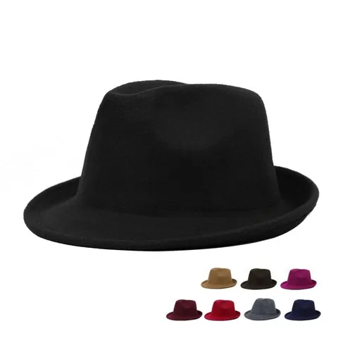 Britse Retro Wolachtige Polyester Fedora Hoed Opgerolde Rand Jazz Hoed Herfst Winter Warm Buiten Casual Effen Kleur Kleine Hoed