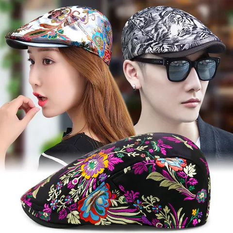 Women Satin Beret Hat Floral Embroidered Ivy Cap Ethnic Style Fashion Adjustable Sun Protection Outdoor Travel Flat Cap