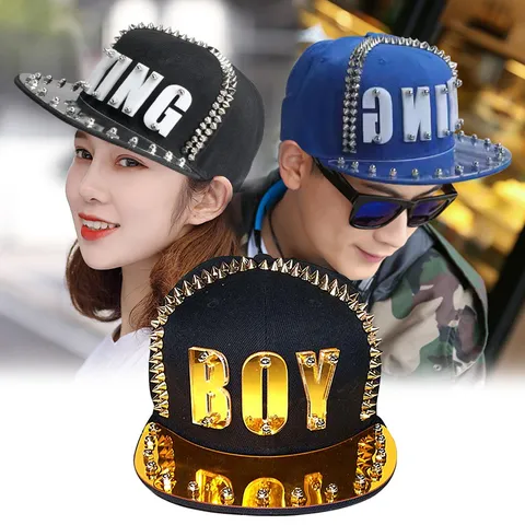 Punk Hip Hop Flat Brim Baseball Cap With 3D Acrylic Letter And Metal Spikes Rivet Studded Street Dance Snapback Hat