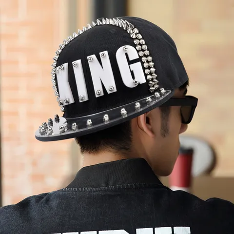 Punk Hip Hop Flat Brim Baseball Cap With 3D Acrylic Letter And Metal Spikes Rivet Studded Street Dance Snapback Hat