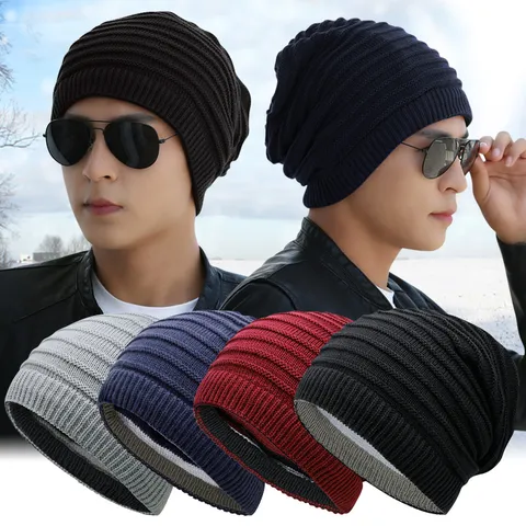 Winter Knitted Beanie Hat For Men Women Dual Use Neck Warmer Face Mask Acrylic Striped Pleated Reversible Slouchy Skull Cap