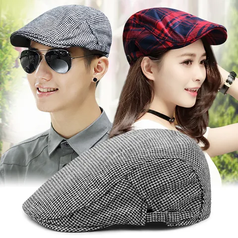 British Style Plaid Beret Hat Vintage Newsboy Cabbie Ivy Cap Cotton Blend Breathable Sunshade Outdoor Unisex Casual Headwear
