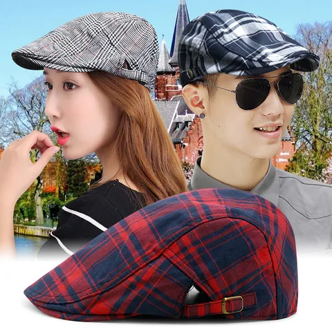 British Style Plaid Beret Hat Vintage Newsboy Cabbie Ivy Cap Cotton Blend Breathable Sunshade Outdoor Unisex Casual Headwear