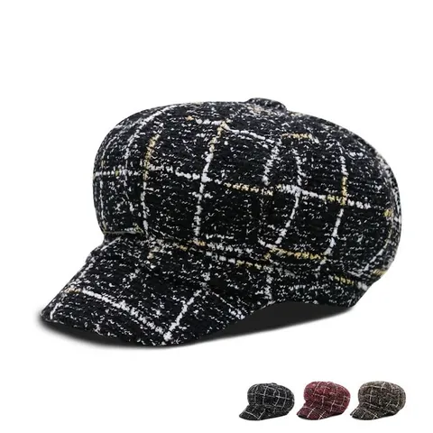 Damen Retro Karo Schiebermütze Achteckige Malermütze Für Herbst Winter Warme Baumwollmischung Baskenmütze Mit Kurzer Krempe