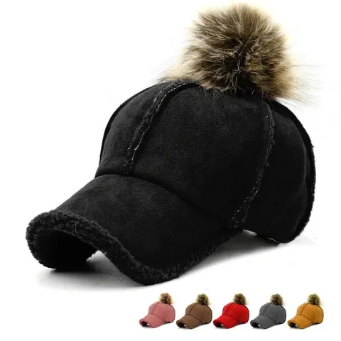 Warme Winter Baseballkappe Aus Wildlederimitat Für Damen Herren Mode Patchwork Verdickte Mütze Mit Gebogener Krempe Und Pompon