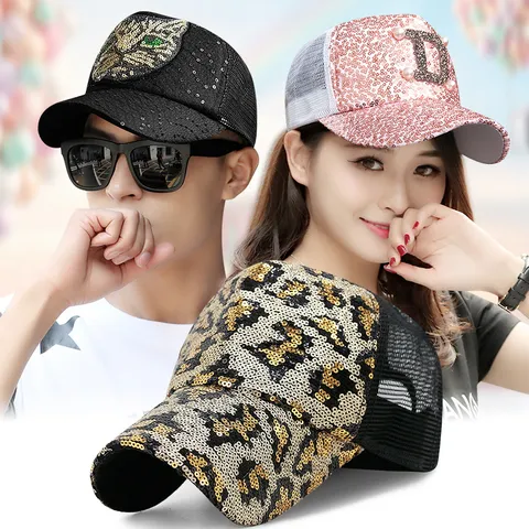 Damen Leopardenmuster Pailletten Trucker Hat Mode Strass Buchstabe A D Eule Patch Baseball Cap Sommer Atmungsaktiv Mesh Sonnenhut